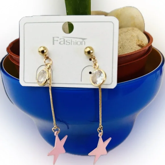 Cute & Trendy Goldplated Pink Star Charmed Dangle Drop Fashion Earrings - Picture 4 of 5